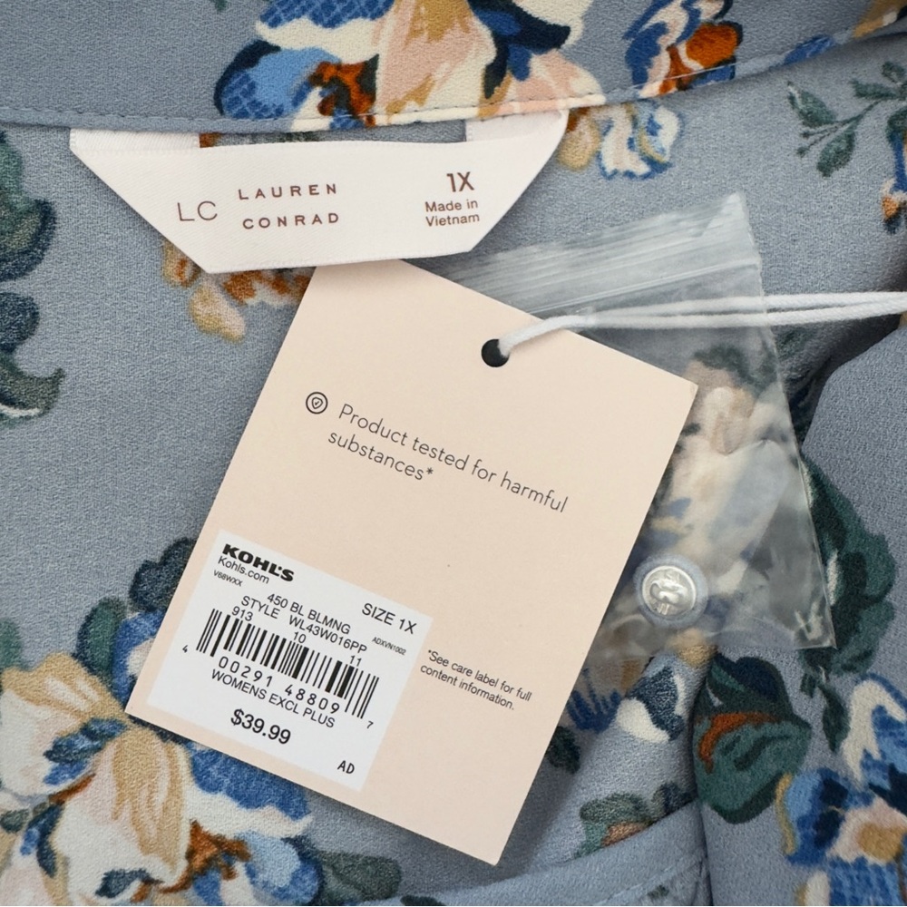 LC Lauren Conrad Collared Button-Front Shirt in Blue Blooming Plus Size 1X - Picture 10 of 11